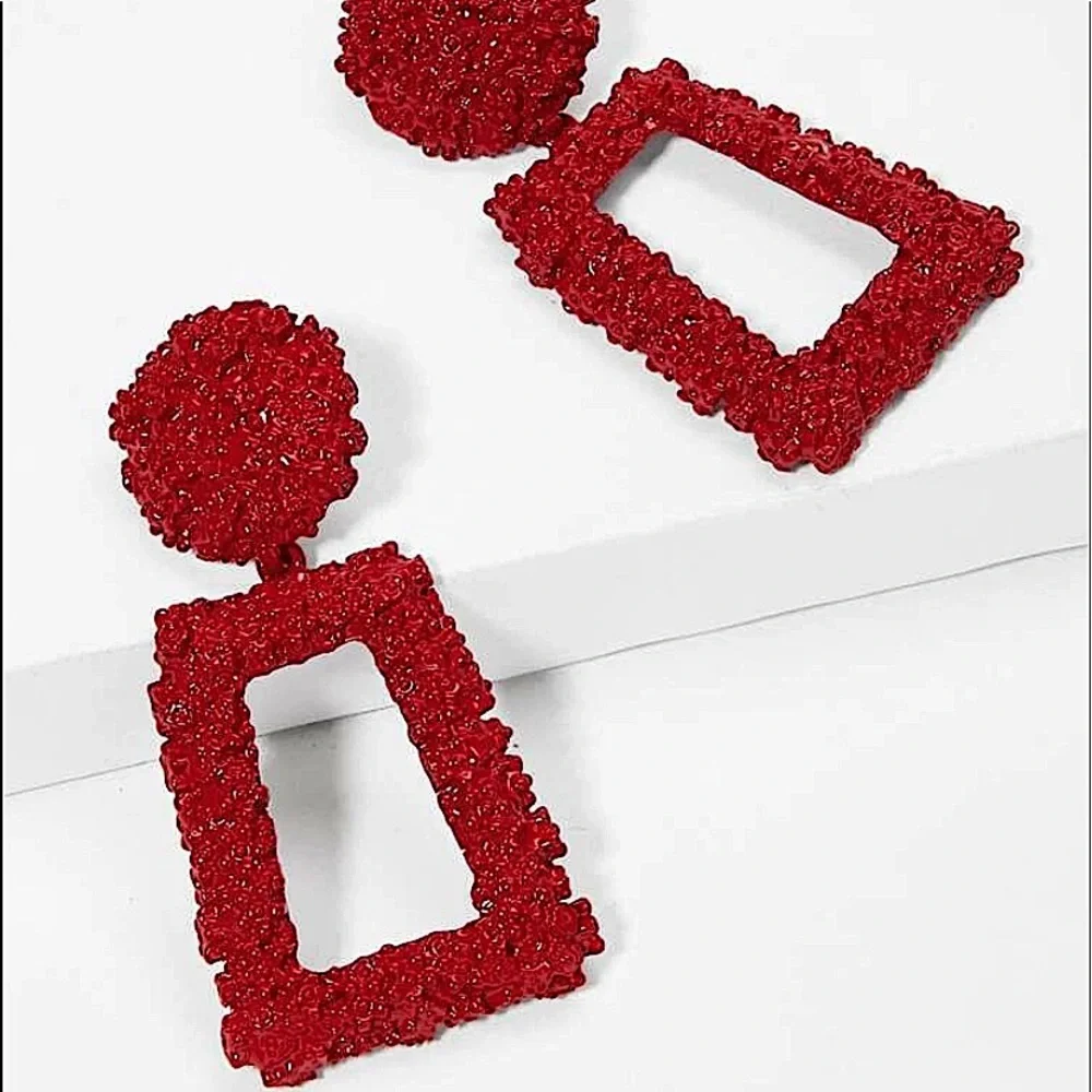 2 FOR $20 Open Rectangular Red Textured Drop Earrings